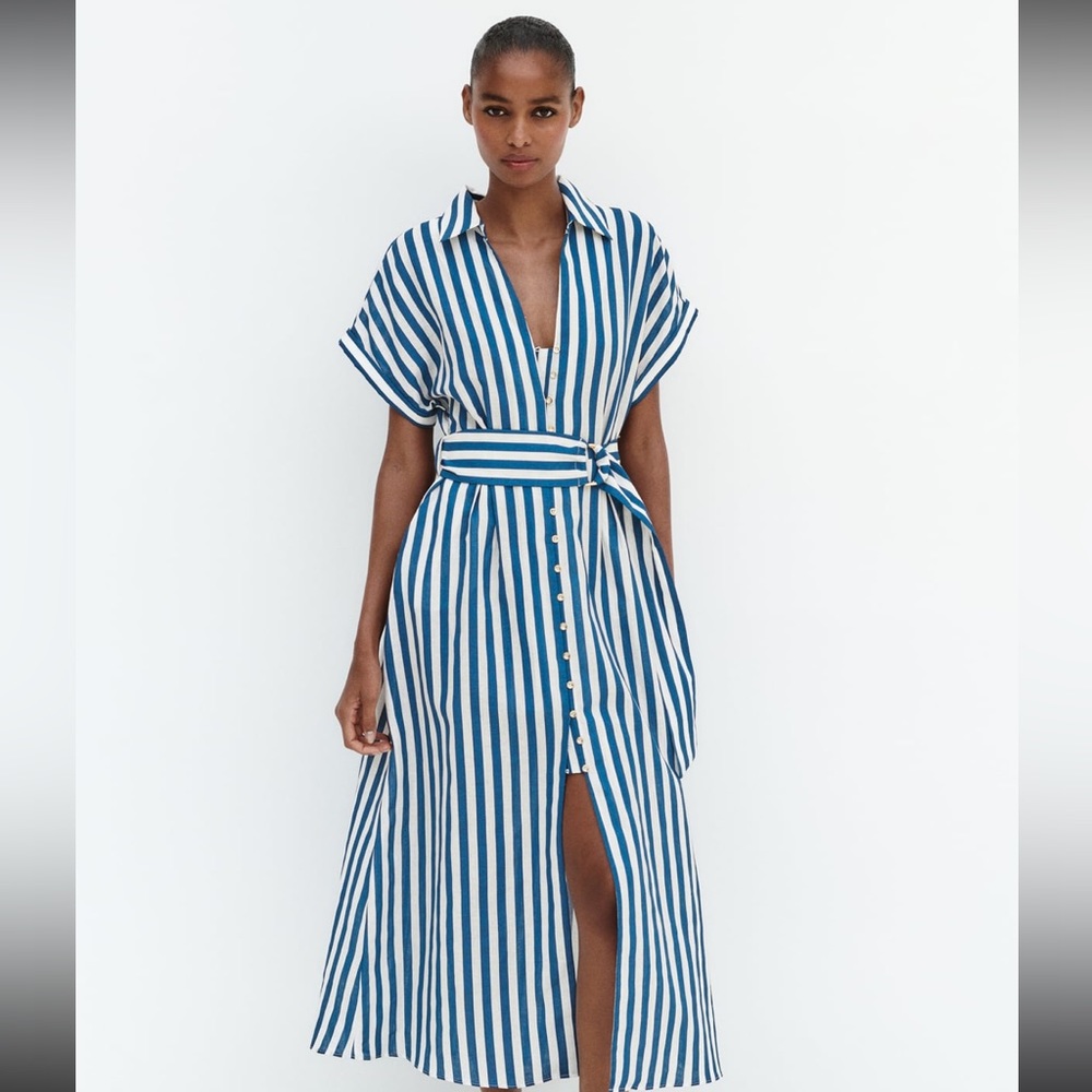 Zara limited edition linen with cotton blend buttoned midi dress with belt - Picture 2 of 10